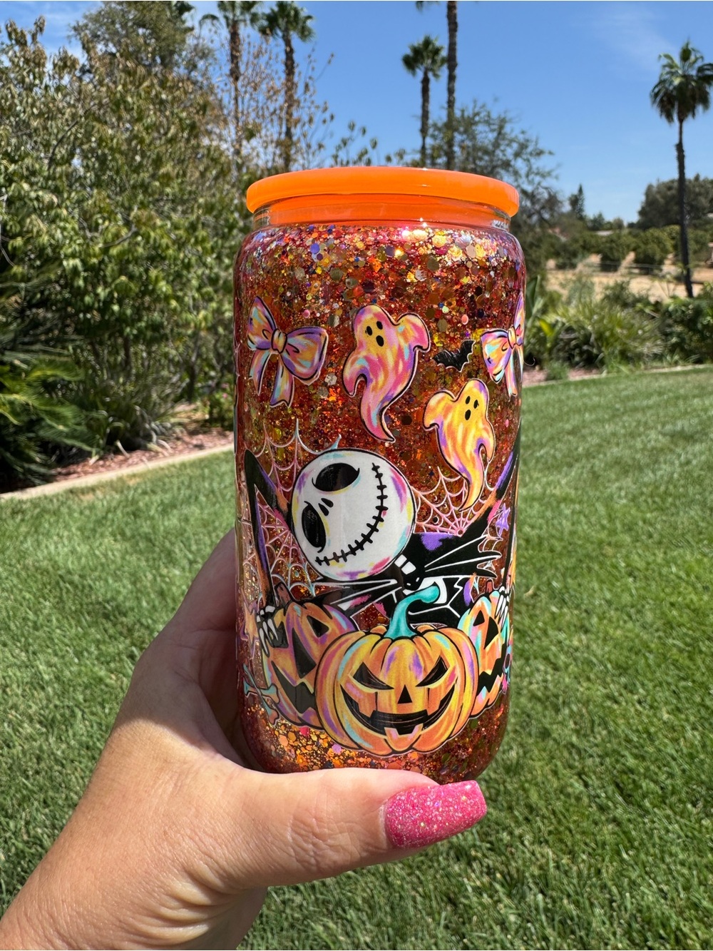 Jack Skellington ghosts pumpkins bows snow globe tumbler 16oz